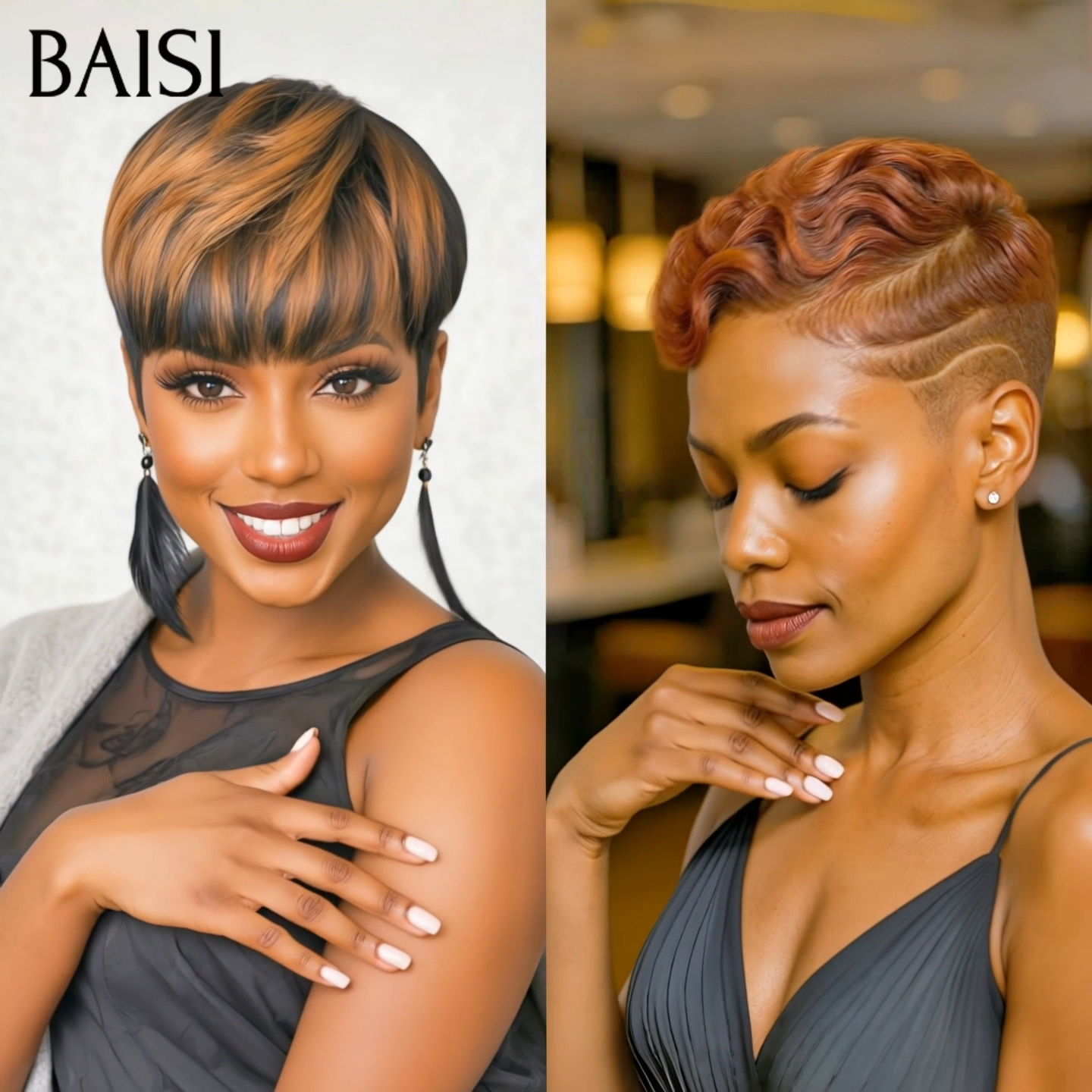 BAISI 1 acheté + 1 offert = 80€ OFFRE FLASH pixie Lisse Sans Colle Mixte Miel Fabriqué à la Machine et 13x4 Lace pixie Marron Promotion en 100% Cheveux Humain