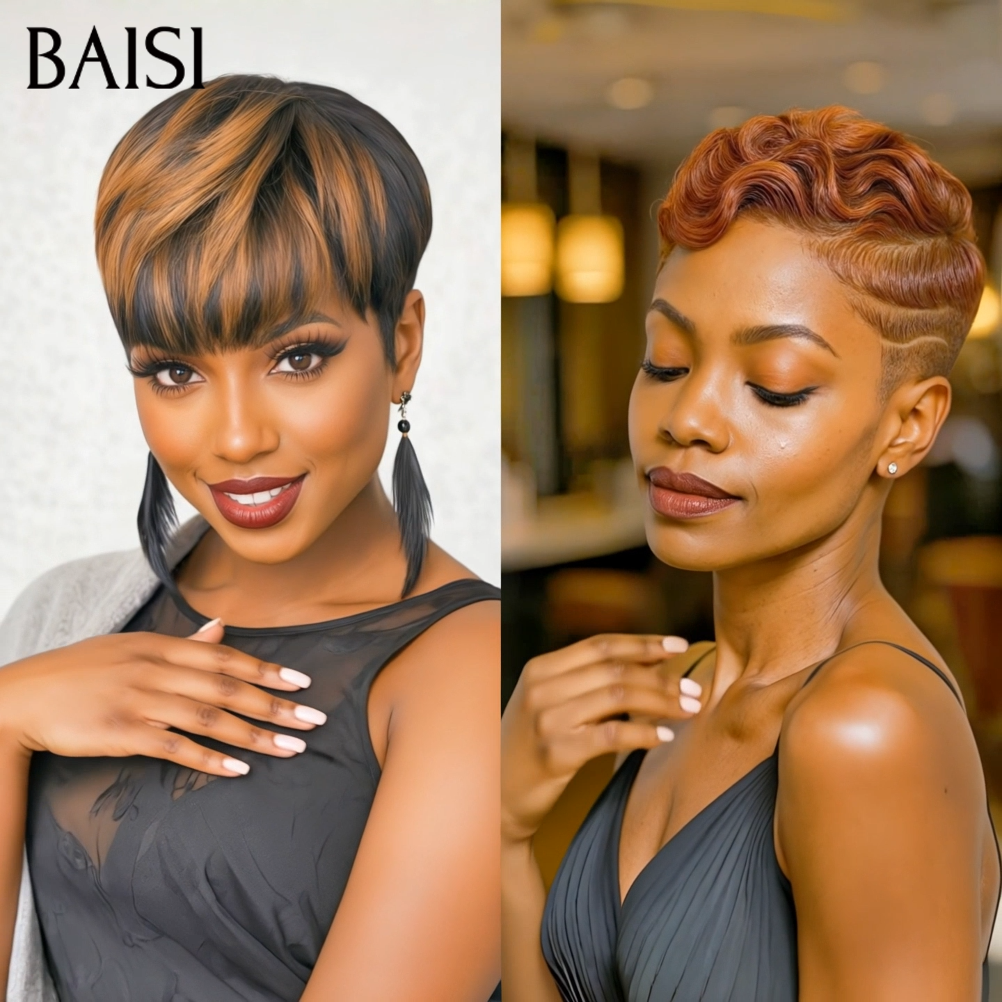 BAISI 1 acheté + 1 offert = 80€ OFFRE FLASH pixie Lisse Sans Colle Mixte Miel Fabriqué à la Machine et 13x4 Lace pixie Marron Promotion en 100% Cheveux Humain