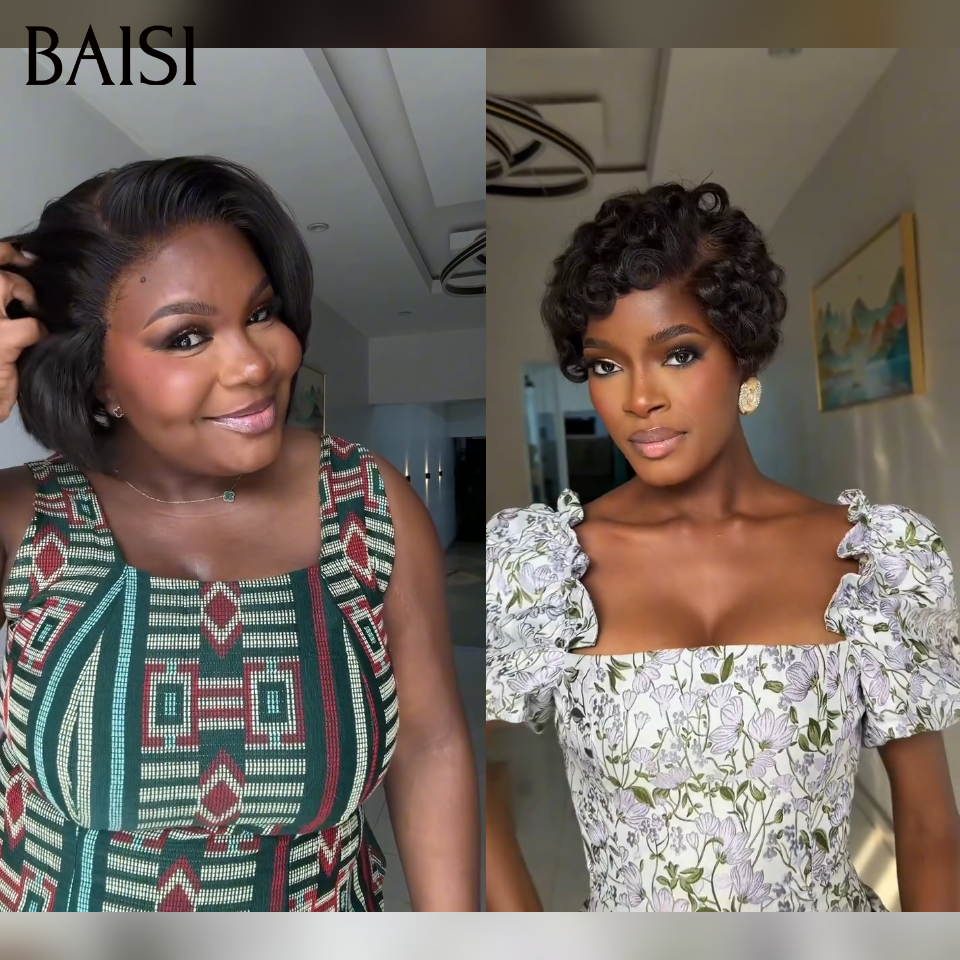 BAISI 1 Chioma 68€ + 1 BOB 0€ Pixie 13x4 Lace finger wave et Sans Colle ou 4X4 lace closure Perruque Bouclée Egg Wave 90€ Moitié Prix en couleur marron mixte orange En 100% Cheveux Humains