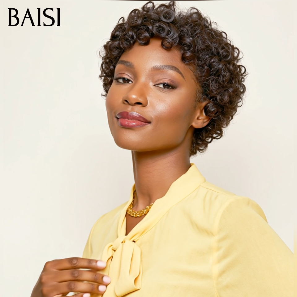 BAISI Promo 56€ Perruque pixie finger wave en Noir 1B# en 100% Cheveux Humains FR40
