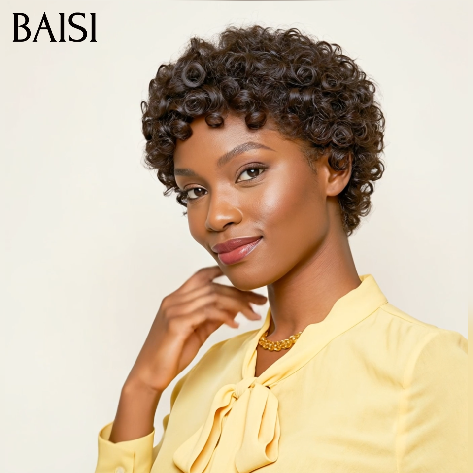 BAISI Promo 56€ Perruque pixie finger wave en Noir 1B# en 100% Cheveux Humains FR40