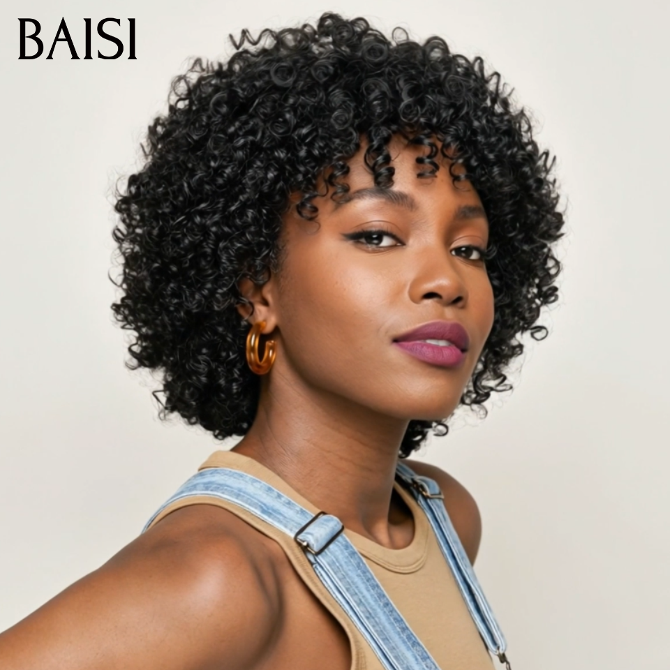 BAISI PROMO Perruque sans Colle curly Wave avec Frange en Noir 66€ en 100% vrais cheveux humains