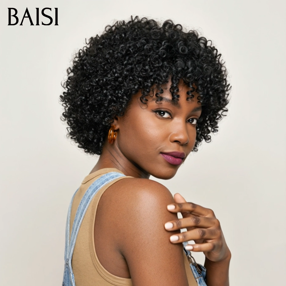 BAISI PROMO Perruque sans Colle curly Wave avec Frange en Noir 66€ en 100% vrais cheveux humains