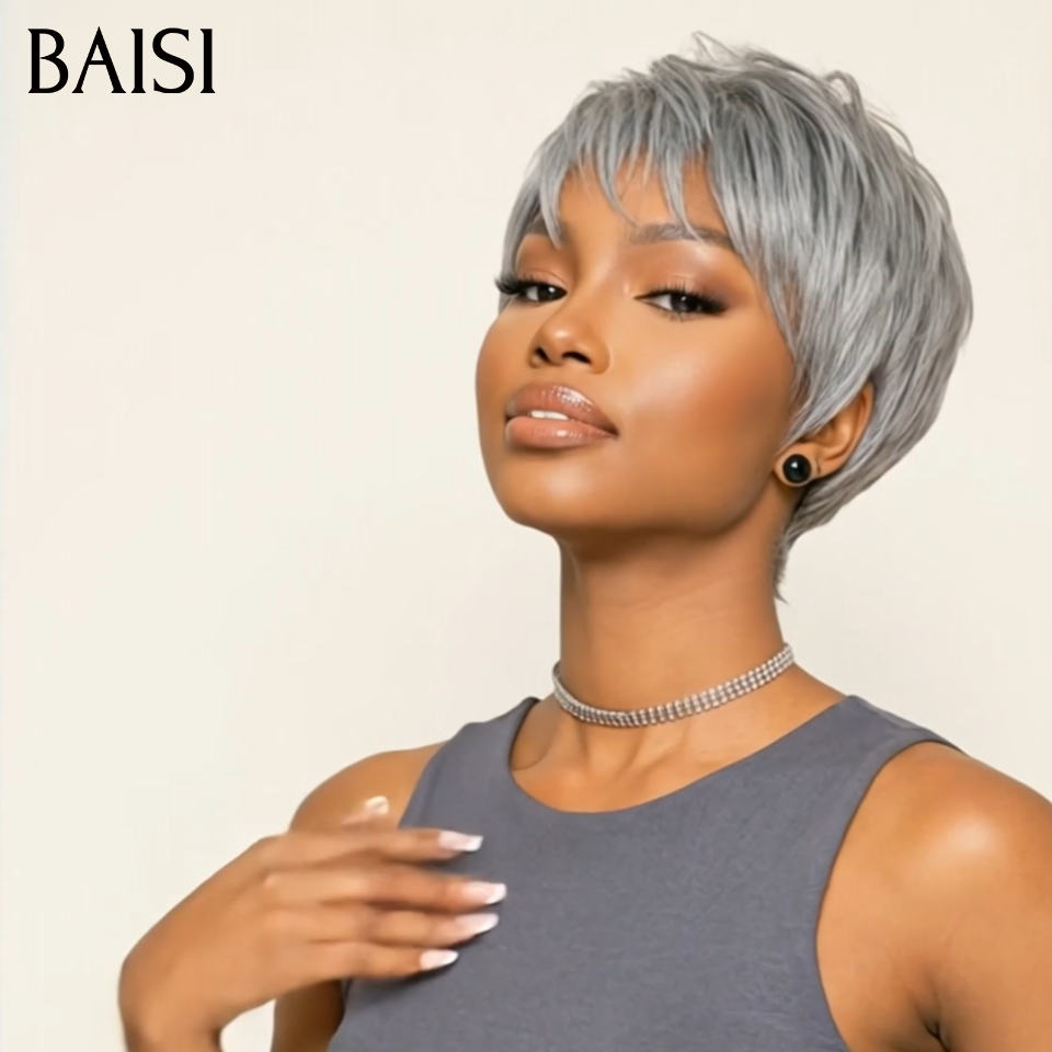 Vente flash Collection Perruques Poivre et Sel Perruque pixie Lisse gris 55€ Fabriqué à la Machine Facile à porter en 100% Cheveux Humains