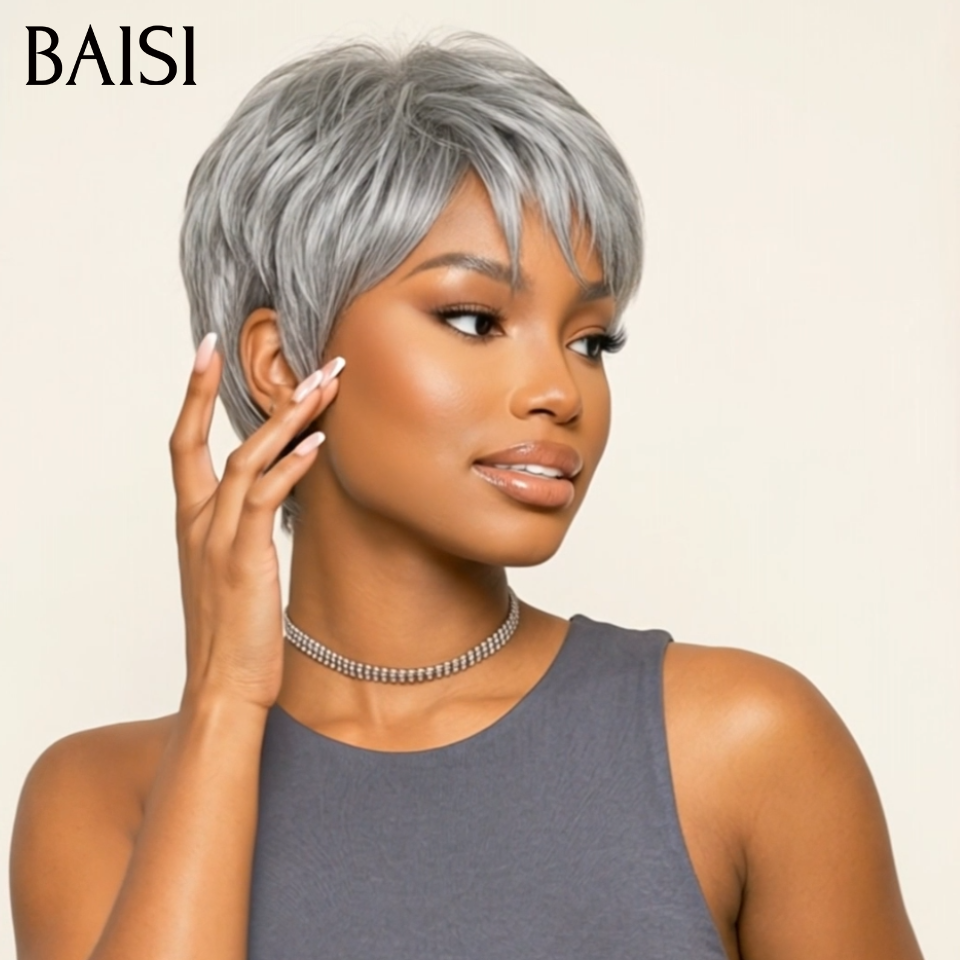 Vente flash Collection Perruques Poivre et Sel Perruque pixie Lisse gris 55€ Fabriqué à la Machine Facile à porter en 100% Cheveux Humains