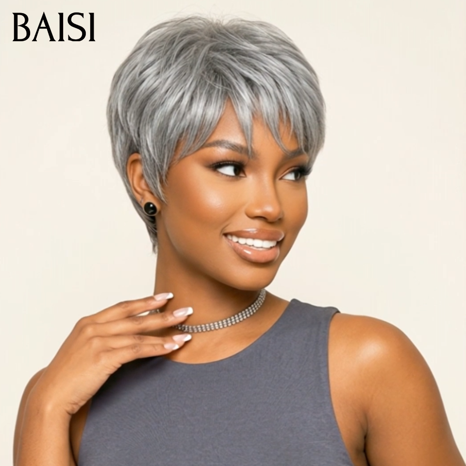 Vente flash Collection Perruques Poivre et Sel Perruque pixie Lisse gris 55€ Fabriqué à la Machine Facile à porter en 100% Cheveux Humains