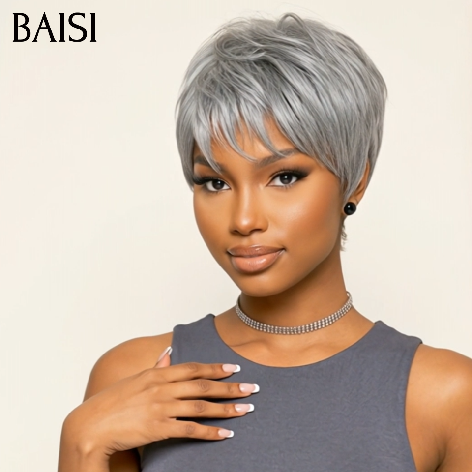 Vente flash Collection Perruques Poivre et Sel Perruque pixie Lisse gris 55€ Fabriqué à la Machine Facile à porter en 100% Cheveux Humains