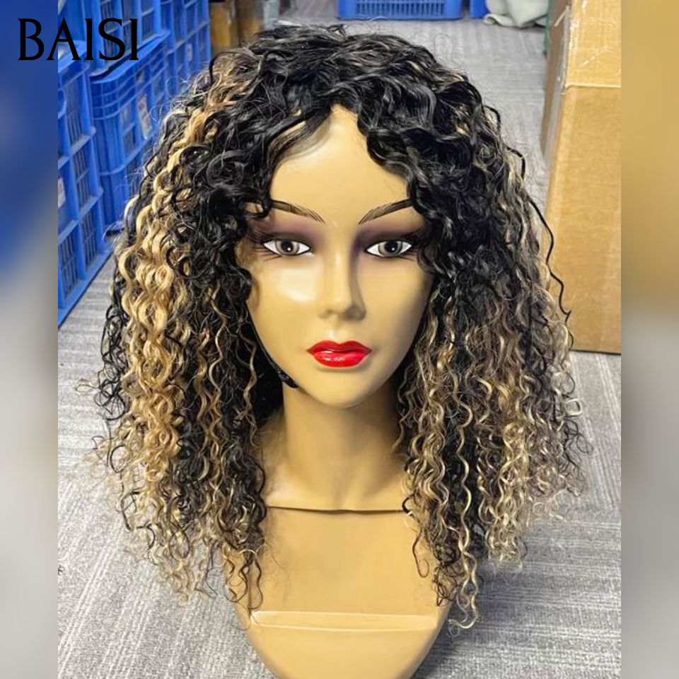BAISI sans lace Perruque curly wave avec frange 16 pouces 159€ en Beaucoup de volume 300 Grammesen en 100% Cheveux Humains