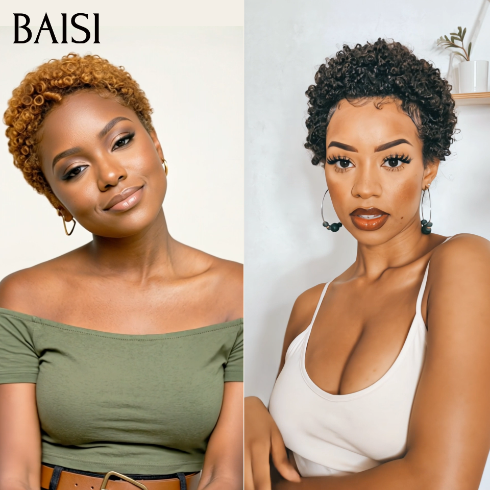 BAISI 2 Pixie Sans Colle 68€ Pixie afro curly ou 2 Perruques de Luxe Frontal 300€  Fabriquées par les cheveux double drawn 250% densité en 100% vrais cheveux humains