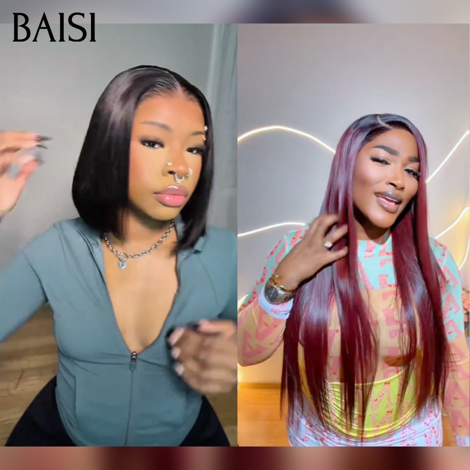 BAISI 2 Pour 149€ 13x4 Lace frontal Lisse 1BT99J# et blended human hair BOB ou Moitié Prix 69€ 13x4 lace frontal Perruque Bob lisse 10 Pouces en couleur  Miel avec racine Marron en 100% Cheveux Humains