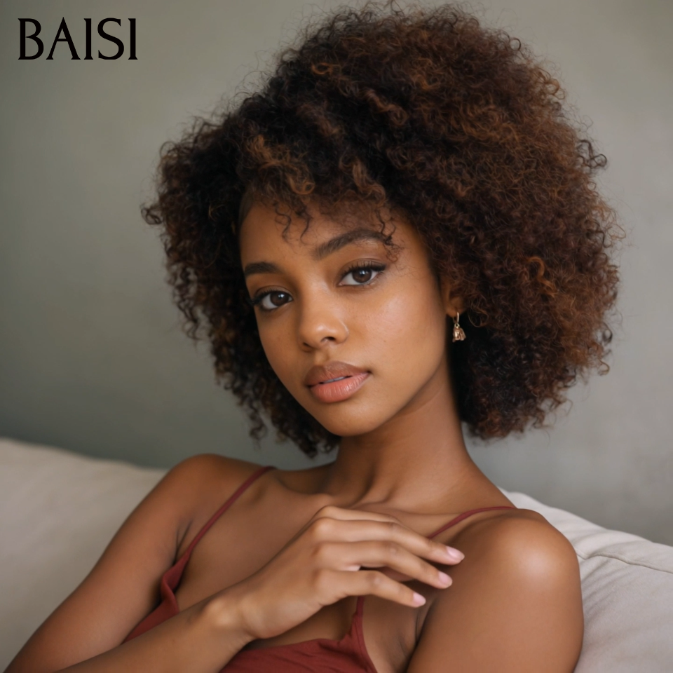 BAISI  Grande Promo petite coupe fabriqué à la machine curly wave 68€ en couleur marron mixte miel En 100% Cheveux Humains