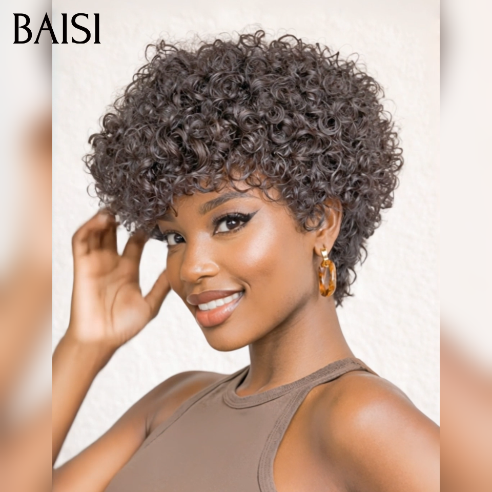 BAISI Perruque Pixie 69€ curly wave en Couleur Noir Respirant et confortable en 100% Cheveux Humains