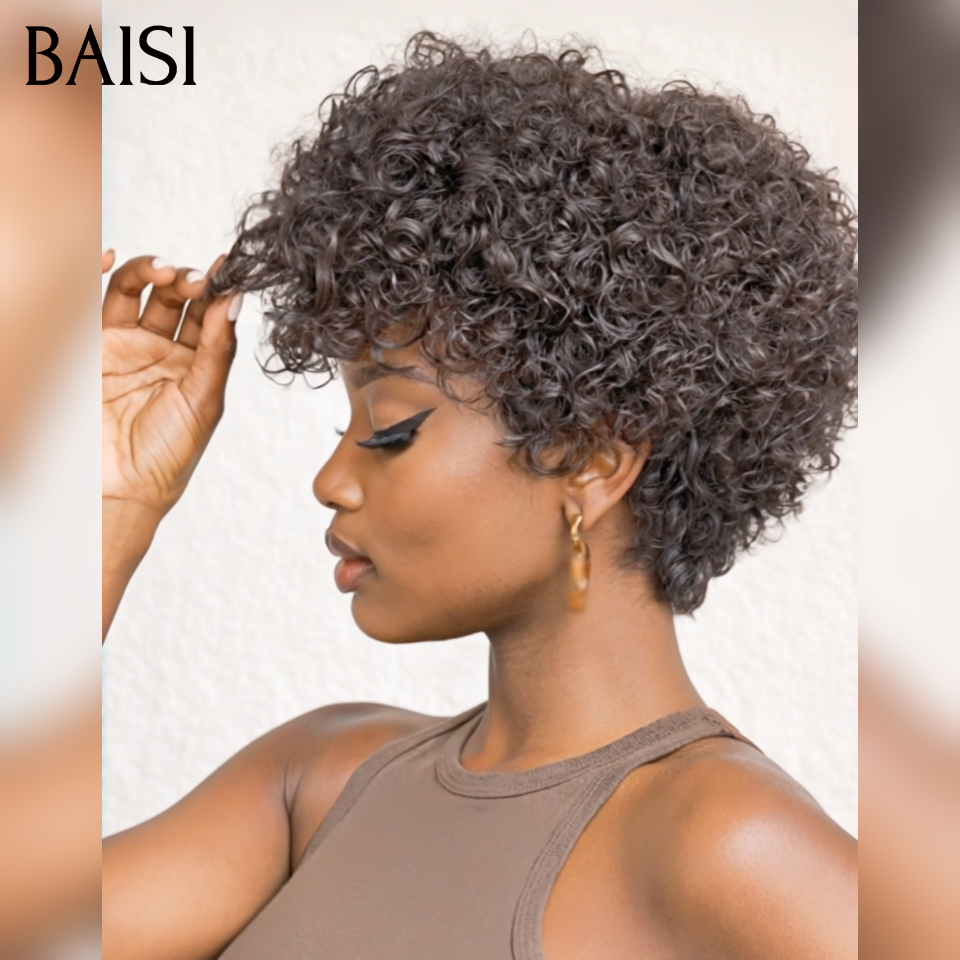 BAISI Perruque Pixie 69€ curly wave en Couleur Noir Respirant et confortable en 100% Cheveux Humains