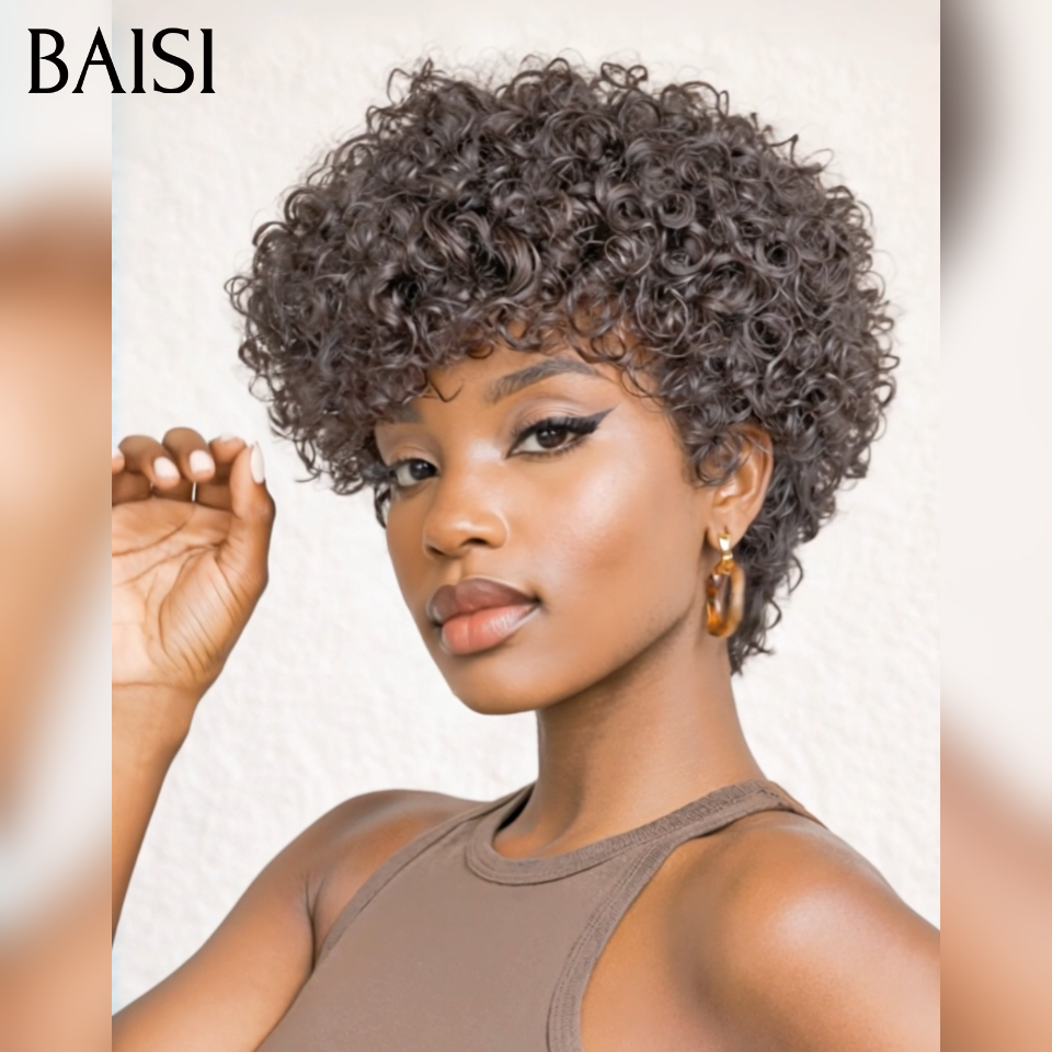 BAISI Perruque Pixie 69€ curly wave en Couleur Noir Respirant et confortable en 100% Cheveux Humains