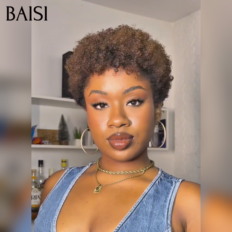 BAISI Vente en gros perruques pixie afro curly 50€ en Couleur marron 4# Pas Besoin de Colle en 100% Cheveux Humains FR38
