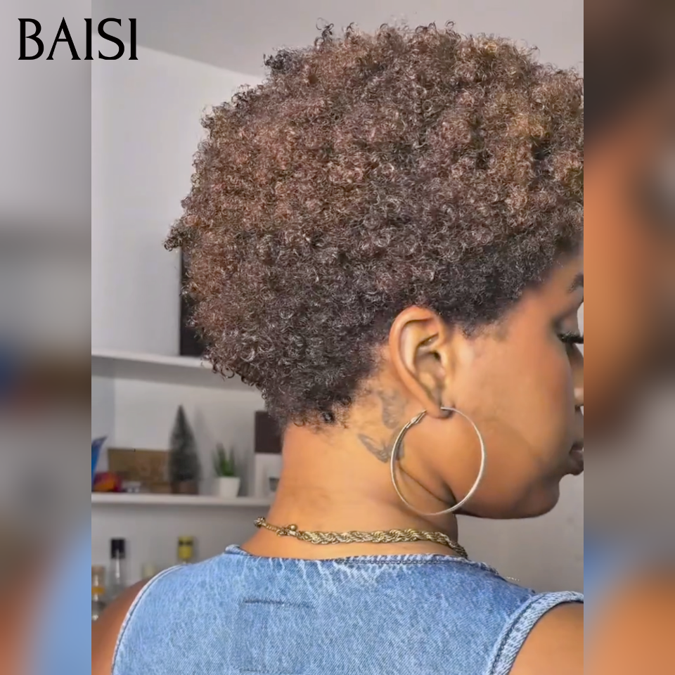 BAISI Vente en gros perruques pixie afro curly 50€ en Couleur marron 4# Pas Besoin de Colle en 100% Cheveux Humains FR38