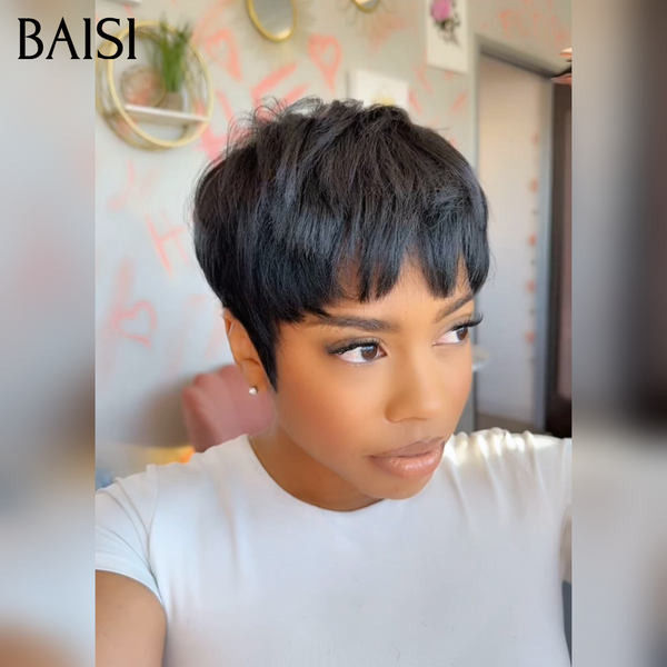 BAISI Promotion Polyvalent  perruques sans Colle avec Frange noir Seulement 50€ Promotion en France en 100% vrais cheveux humains