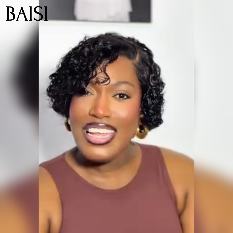 BAISI Pixie curly en noir 56€ ou FLORENCE Perruque Pixie Cut Lace Frontal 13x1 Curly 99J Bordeaux + orange  en 100% Vrais Cheveux Humains C