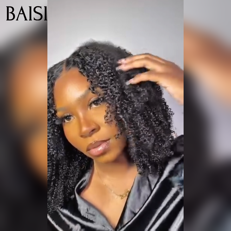 BAISI Grande SOLDES Perruque Naturelle Curly 12 Pouce 300% Densité Sans Colle Lace déjà couper Facile à Porter en 100% Vrais Cheveux Humains