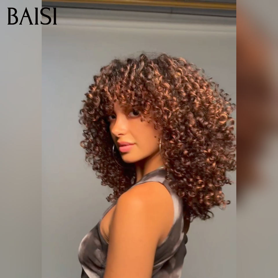 BAISI perruque duveteuse et respirante water wave avec Frange 12 Pouces Seulement 85€ ou  400% Volume 18 pouce perruque 189€ en couleur Marron mixte miel en 100% Cheveux Humains
