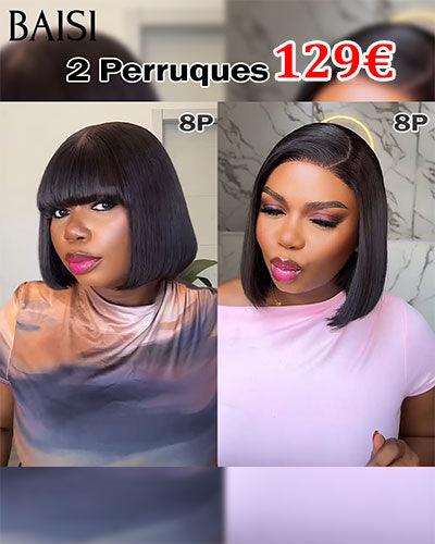 BAISI 2 Perruques 120€ 2X6 lace Lisse 8 Pouces et Sans lace Lisse 8 Pouces NOIR  250% densité DE luxe en 100% Cheveux Humains BS65