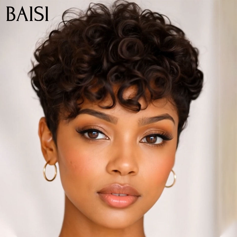 BAISI lot de Perruque 2 Bonne Qualité 149€ (curly wave frontale 16p + finger wave sans colle ) ou Pixie 13X4 lace Lisse  66€ Coiffure moitié prix 100% Cheveux Humains MP50