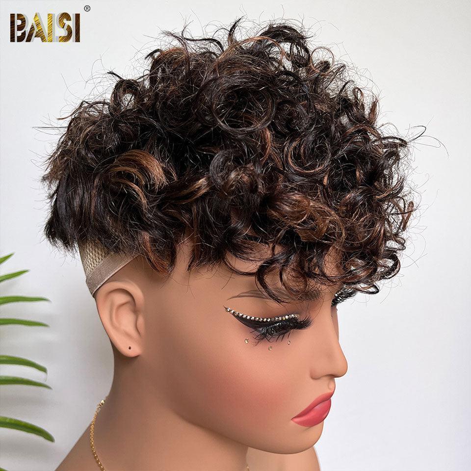 BAISI Demi-perruque Curly wave Topper cheveux partiel personnalisé en Couleur Noir mix marron 1Bmix4#（ c'est pas une perruque entière )