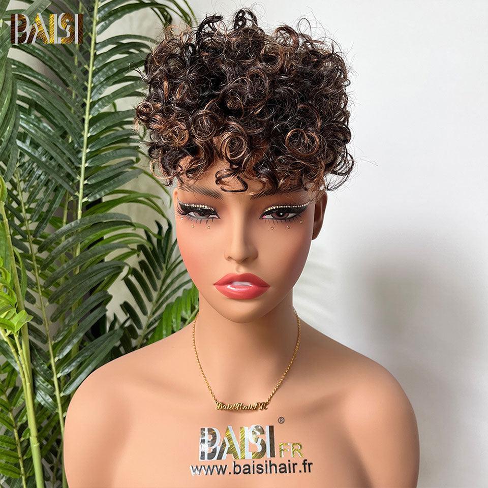 BAISI Demi-perruque Curly wave Topper cheveux partiel personnalisé en Couleur Noir mix marron 1Bmix4#（ c'est pas une perruque entière )