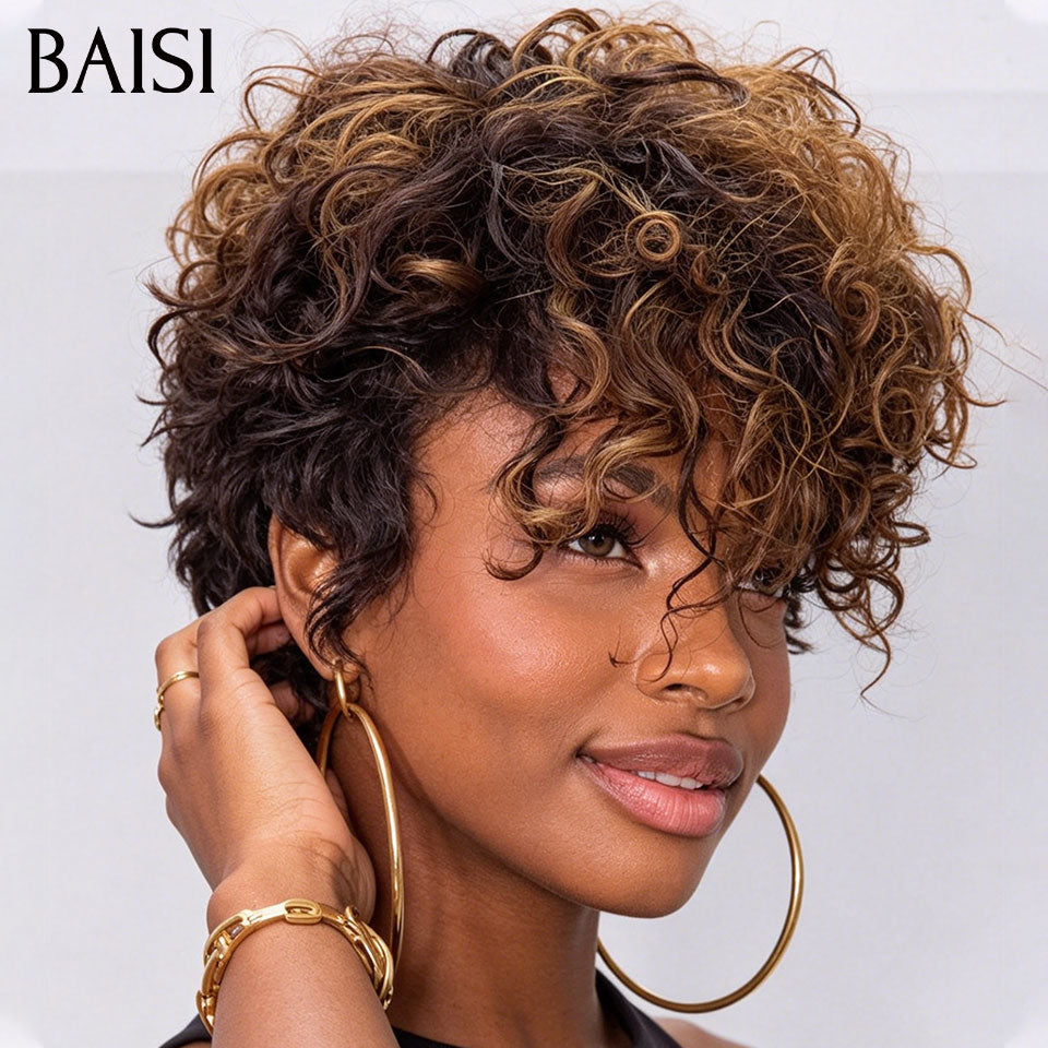 BAISI Perruque Frisée Curly 79€ Seulement Sans Colle Sans Lace Coupe En Frange Osante Couleur Noir et Marron 1B27# en 100% Cheveux Humains