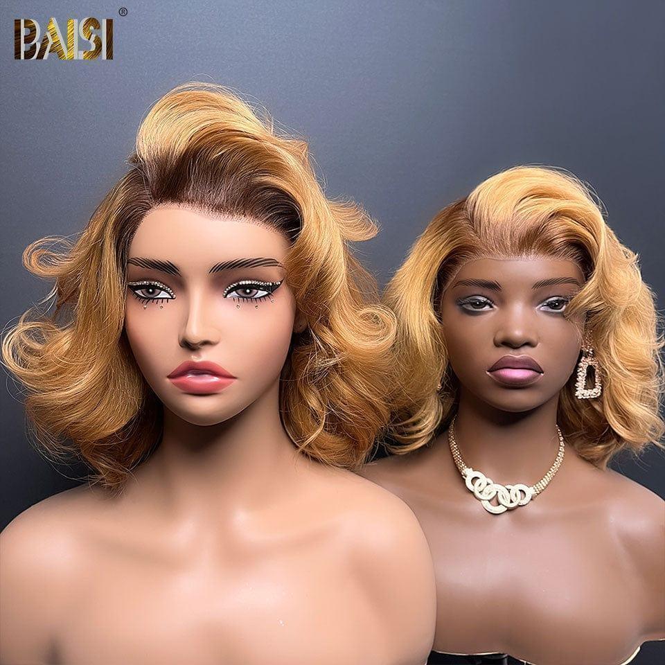 BAISI 13x4 Frontalperücke mit großen Locken 12 Zoll in Honigfarbe mit braunem Ansatz 4T27# 149 € in 100 % echtem Menschenhaar BS120
