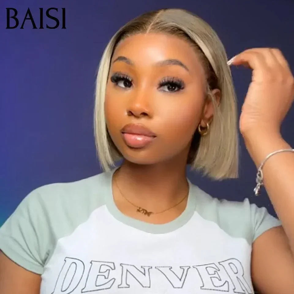 BAISI Perruque 4x4 coupe à la mode couleurs 1B/#70 8 pouce Pré-plucked Sans Colle Lace déjà couper 100% Cheveux humains