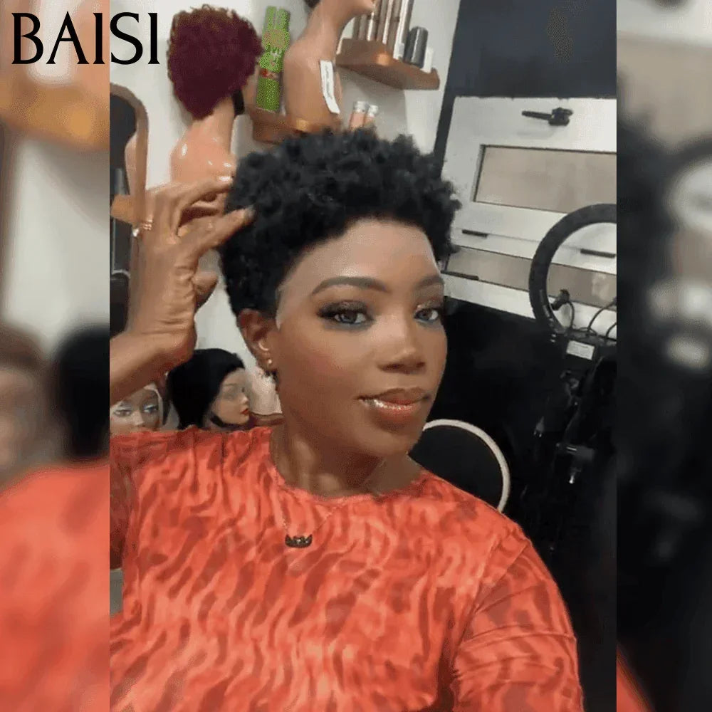 BAISI Flash Offer Pixie Afro Curl Wig 13x4 lace frontal curly all over Black in 100% human hair F-905 FR20