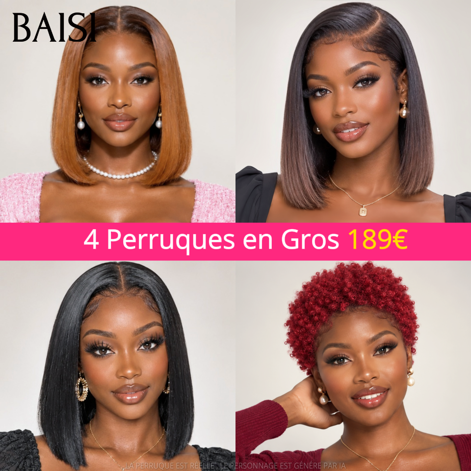 BAISI Vente Flash 4 Perruques En Gros 189€ Dejà en France 4 Couleurs + 4 Modèles Très Facile à Revendre 100% Vrais cheveux humains Livraison 48H