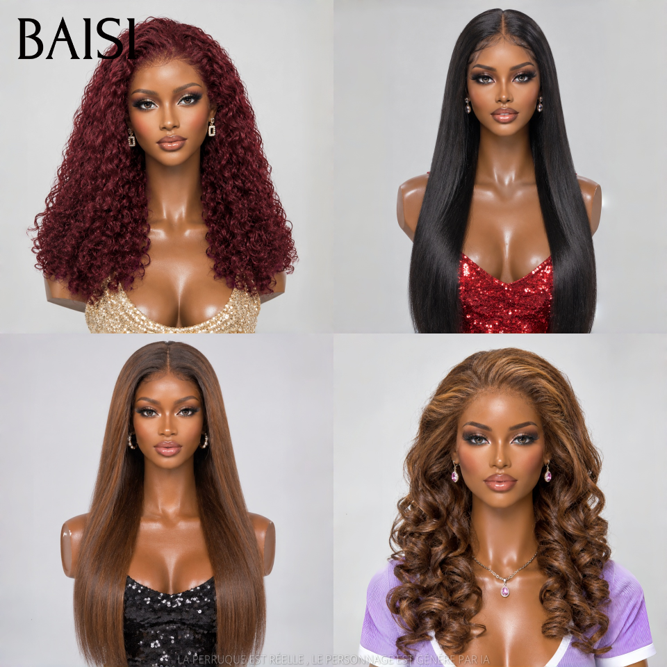BAISI 13x4 Lace Lot de 4 Perruques Longues 300€ Couleurs Noir Rouge et Marron Marron Glacé Différentes Textures 18Pouces Facile A Revendre en 100% Cheveux humains
