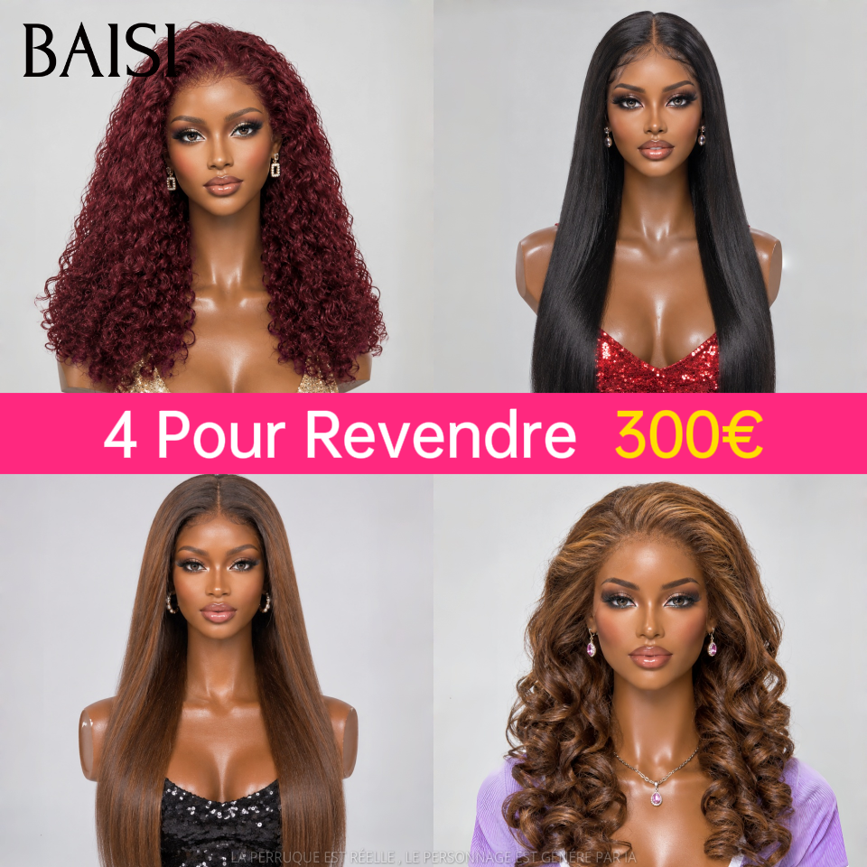 BAISI 13x4 Lace Lot de 4 Perruques Longues 300€ Couleurs Noir Rouge et Marron Marron Glacé Différentes Textures 18Pouces Facile A Revendre en 100% Cheveux humains