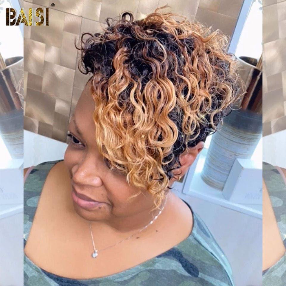 BAISI 13X4  Perruque pixie Vague curly En Couleur Noir et Miel 89€ en 100% Cheveux Humains