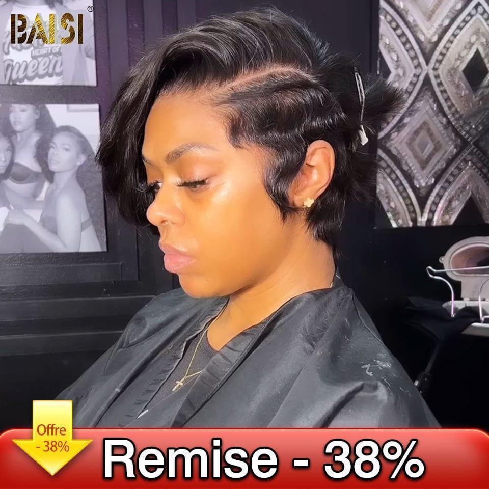 BAISI Peluca Pixie Onda Rizada 5X5 En Color Negro en Cabello 100% Humano FR38