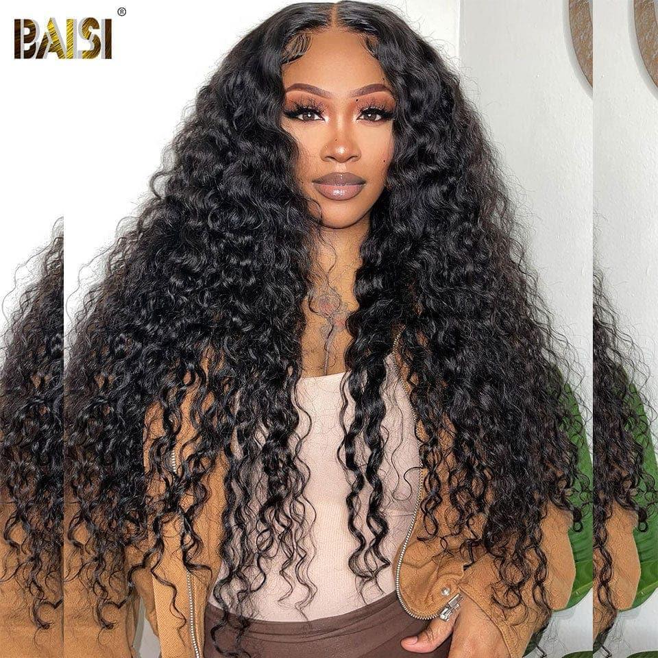 BAISI 4x4 Deep Wave Perücke in Schwarz, leimlose Spitzenfront, einfach zu tragen, 100 % Echthaar