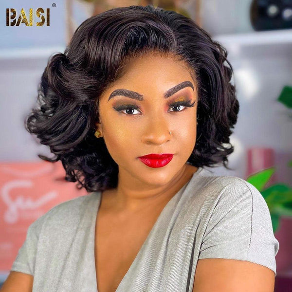 BAISI 5X5 Perruques 10 pouces Noir coupe personnalisée boucles voluminieux 300% densité plus de 20 ans d' utilisations