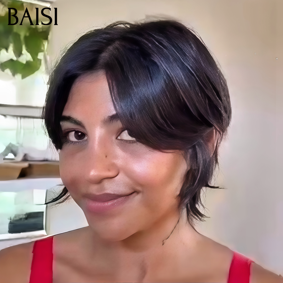 BAISI  PROMO 59€ petite coupe fabriqué à la machine lisse en couleur noir En 100% Cheveux Humains