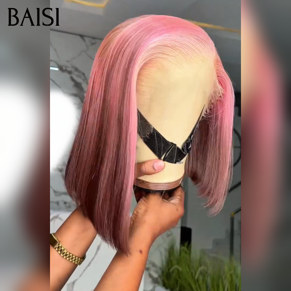 BAISI 13X4 lace frontal Perruque Lisse Sans Colle 12 Pouces 159€ Moitié Prix en couleur rose personalisé En 100% Cheveux Humains