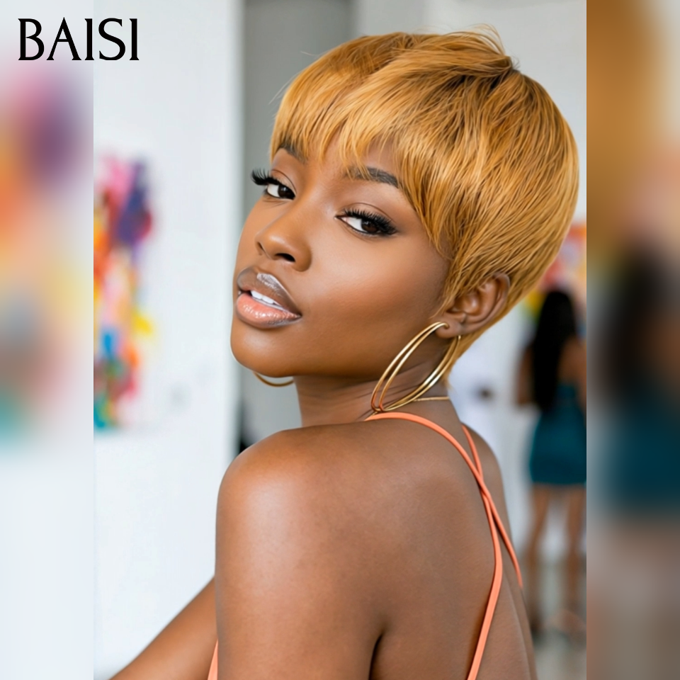 BAISI pixie perruque PROMO 45€ sans colle Sans lace Lisse Miel 4T30#  en 100% Cheveux Humains for black women