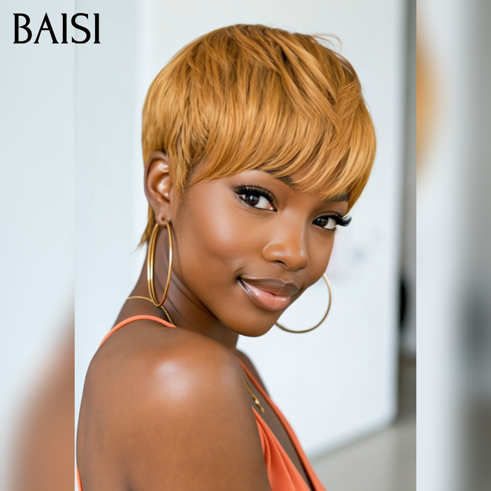 BAISI pixie perruque PROMO 45€ sans colle Sans lace Lisse Miel 4T30#  en 100% Cheveux Humains for black women