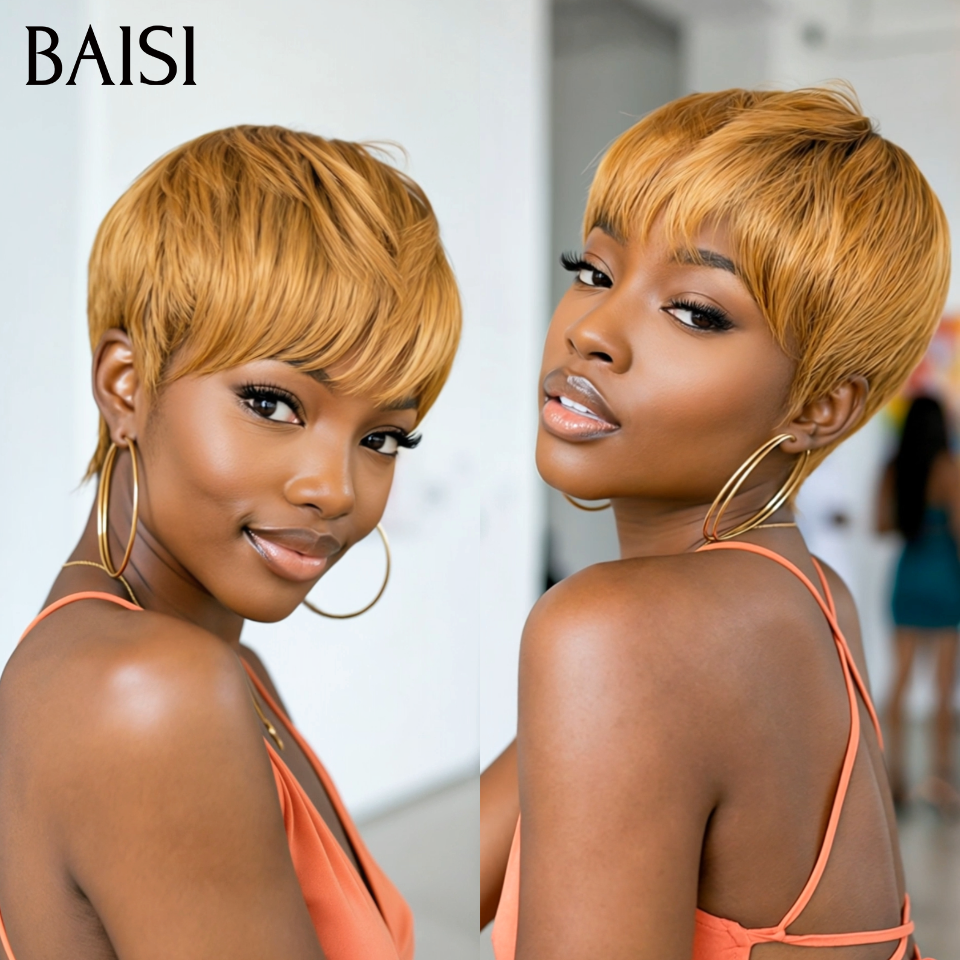 BAISI pixie perruque PROMO 45€ sans colle Sans lace Lisse Miel 4T30#  en 100% Cheveux Humains for black women