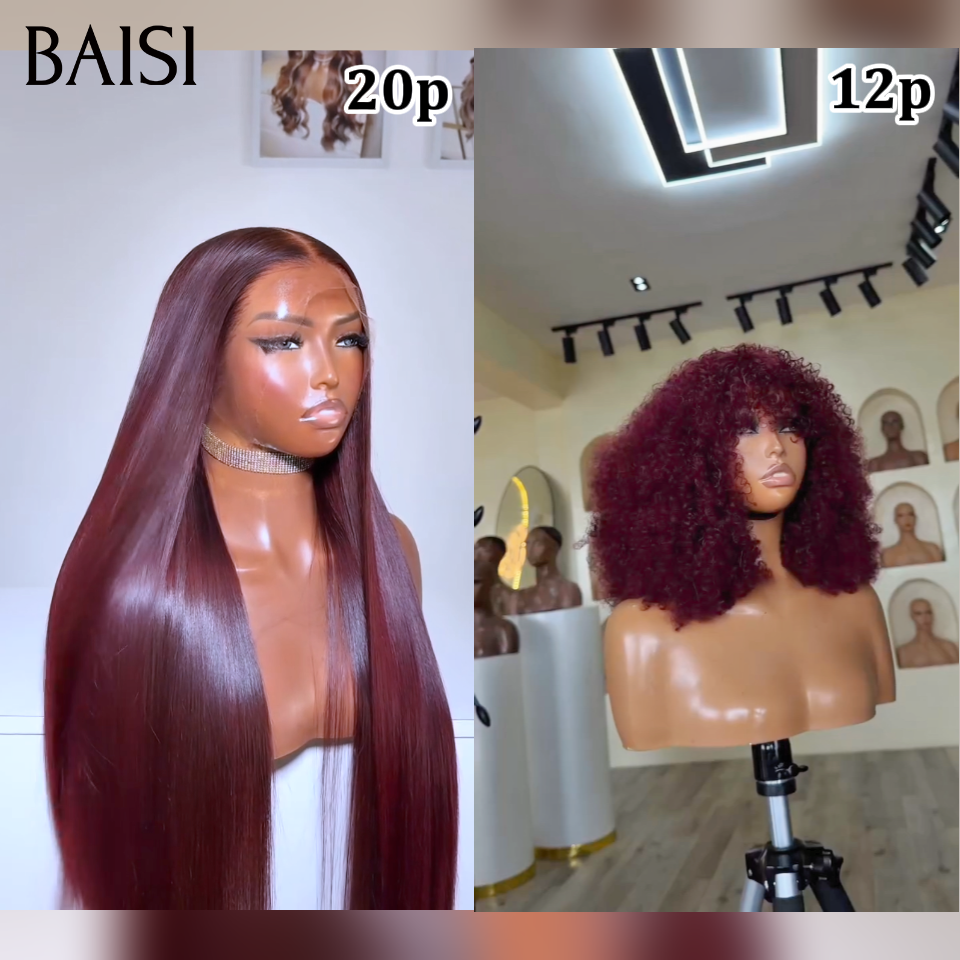BAISI 1 lisse +1 curly = 185€ 13x4 lace frontal Lisse 20 Pouces Bordeaux 99J# et sans Colle curly wave 12 Pouces Facile à Revendre PROMO 100% Cheveux Humains