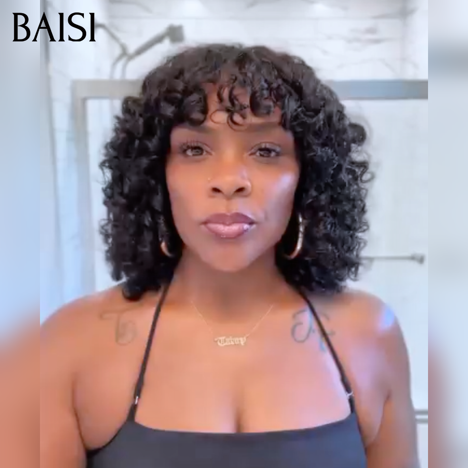 BAISI  perruque water wave 12 pouces 1B# noir sans lace avec frange Prêt-à-porter 79€ en 100% cheveux humains