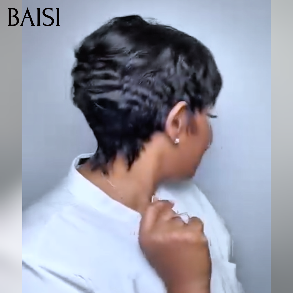 BAISI Wear et Go 45€ en France Perruque pixie straight Fabriqué à la Machine Promotion en couleur NOIR en 100% Cheveux Humains