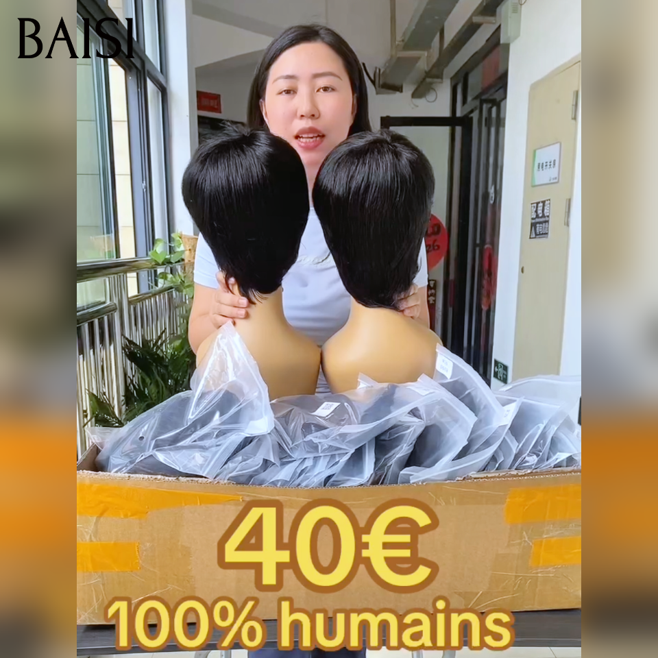 BAISI Perruque pixie straight Fabriqué à la Machine Promotion 40€ en couleur NOIR en 100% Cheveux Humains