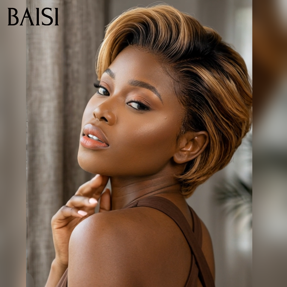 BAISI Offre Flash 13x4 Perruque Pixie boucles en mixte miel ou Noir Moitié Prix 50€ 200% densité Orange Pixie Coupe Pré-plucked 100% Cheveux Humains MP50