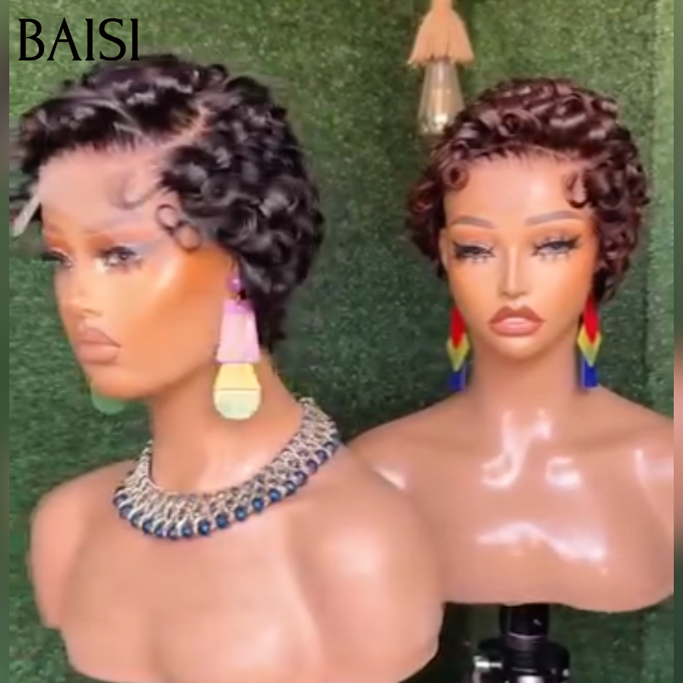 BAISI Perruque Pixie 13x4 lace frontale finger wave noir ou marron ou Lisse En Couleur Noir bleu 55€ en 100% Cheveux Humains